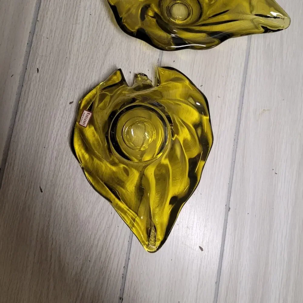 Vintage Noleans Italy Avacado Green Glass Leaf Candy Dish Candle Holder Set READ